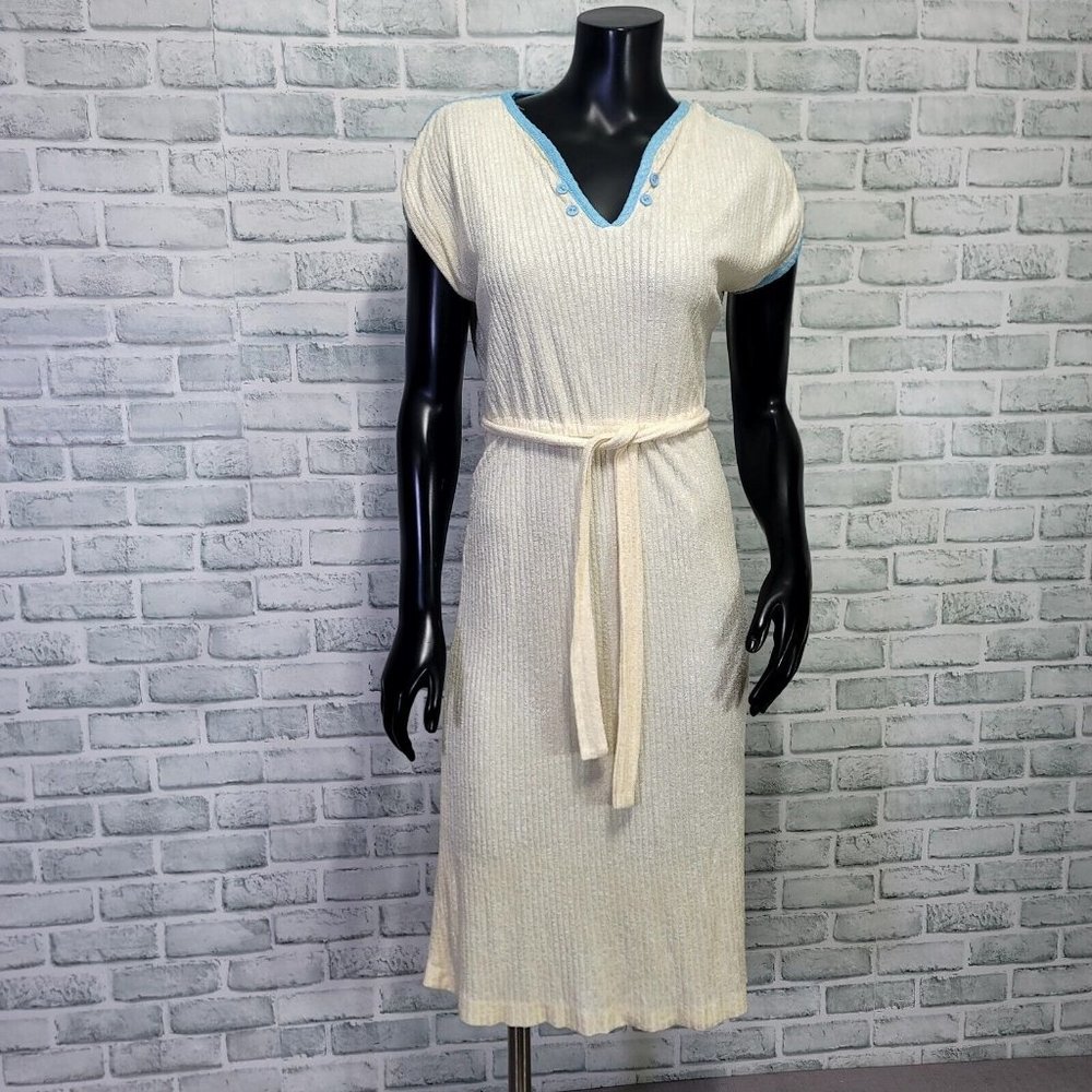 Vintage 70s 80s Ivory‎ Ribbed Terry Cloth Cap Sleeve Dress Sash Belt Blue Piping